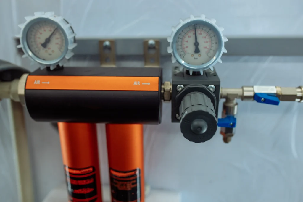 Air Compressor Components Close up with Filter and Regulator