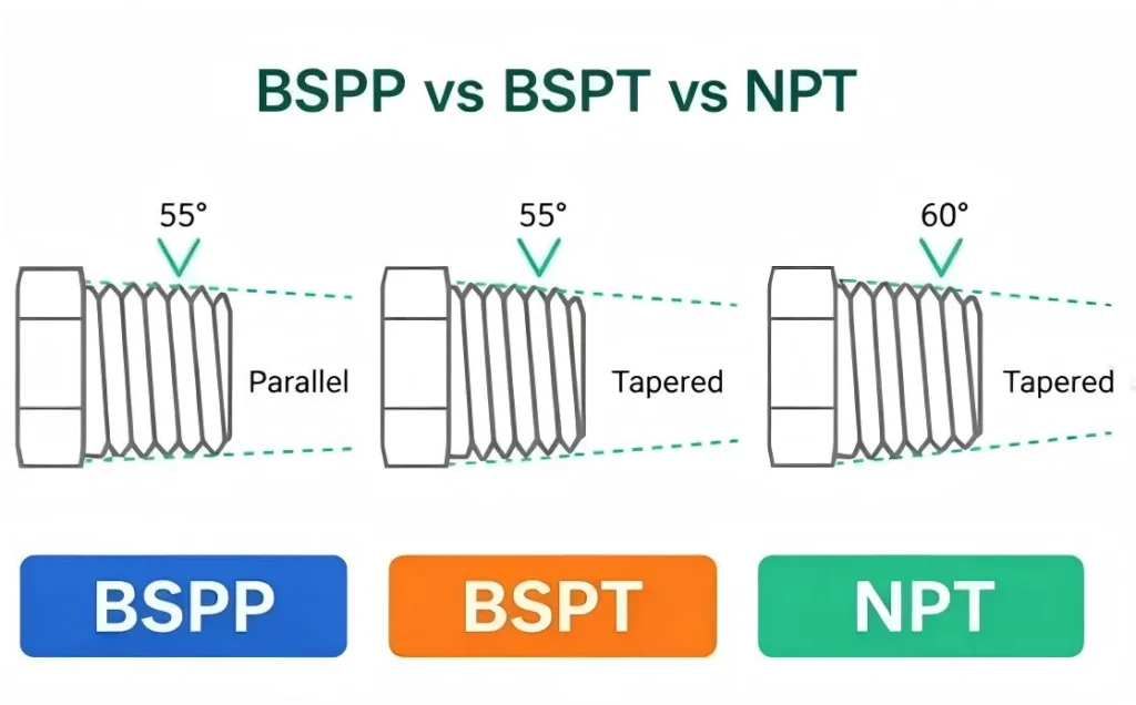 Different angle of NPT vs BSPP vs BSPT