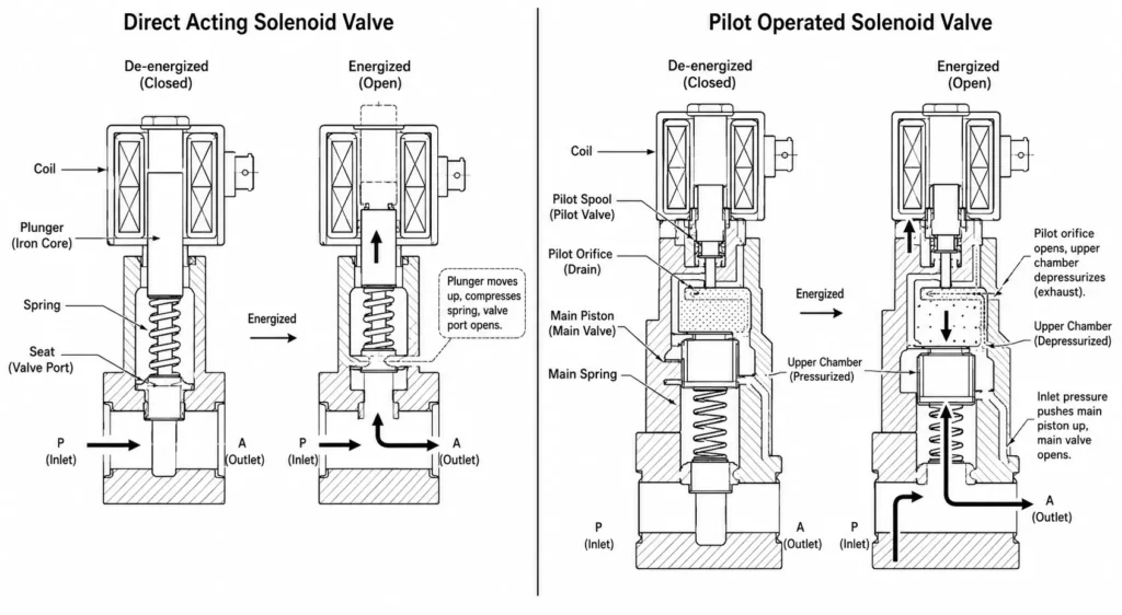 Direct-Acting and Pilot-Operated Solenoid Valve Workflow Diagram