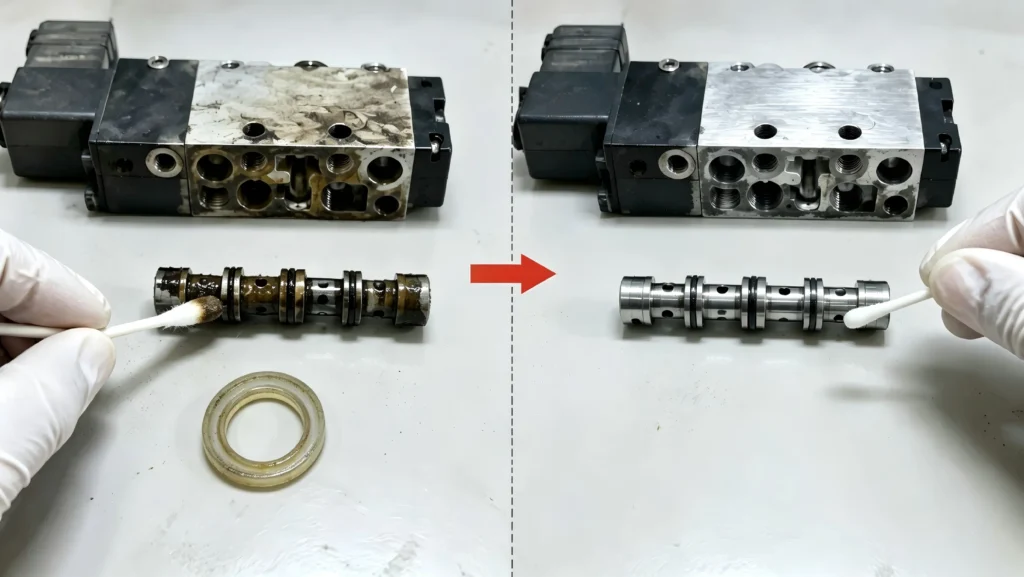 Clean the solenoid pneumatic solenoid valve core and replace the seals.